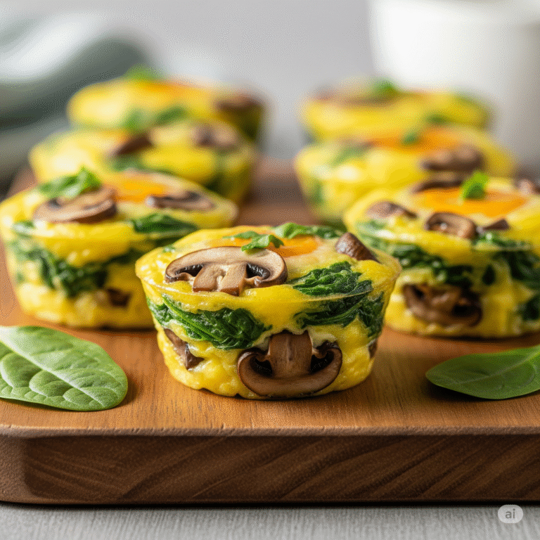 Copycat Starbucks spinach and mushroom egg bites on a plate, showing creamy texture. Perfect for a healthy, cheap, and easy homemade breakfast or meal prep.
