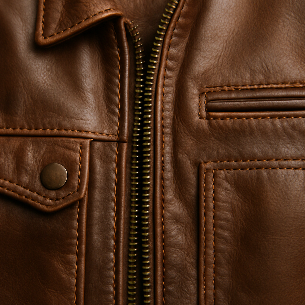 close-up of a brown leather jacket zipper