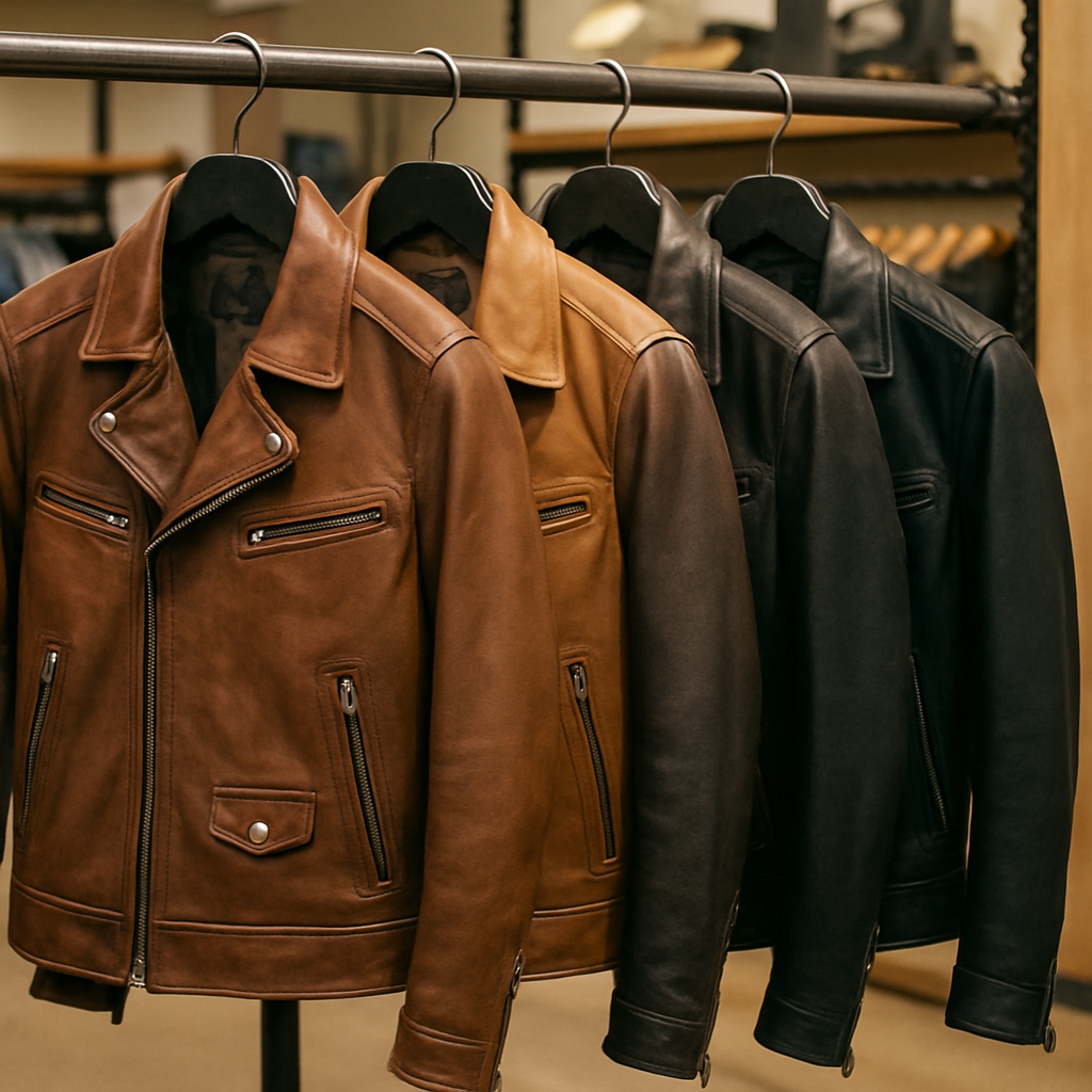 a selection of high quality leather jackets in brown and black